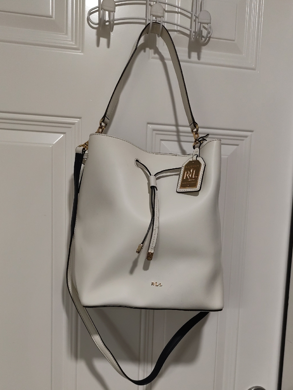 Ralph Lauren Cream Leather Drawstring Shoulder Bucket Bag